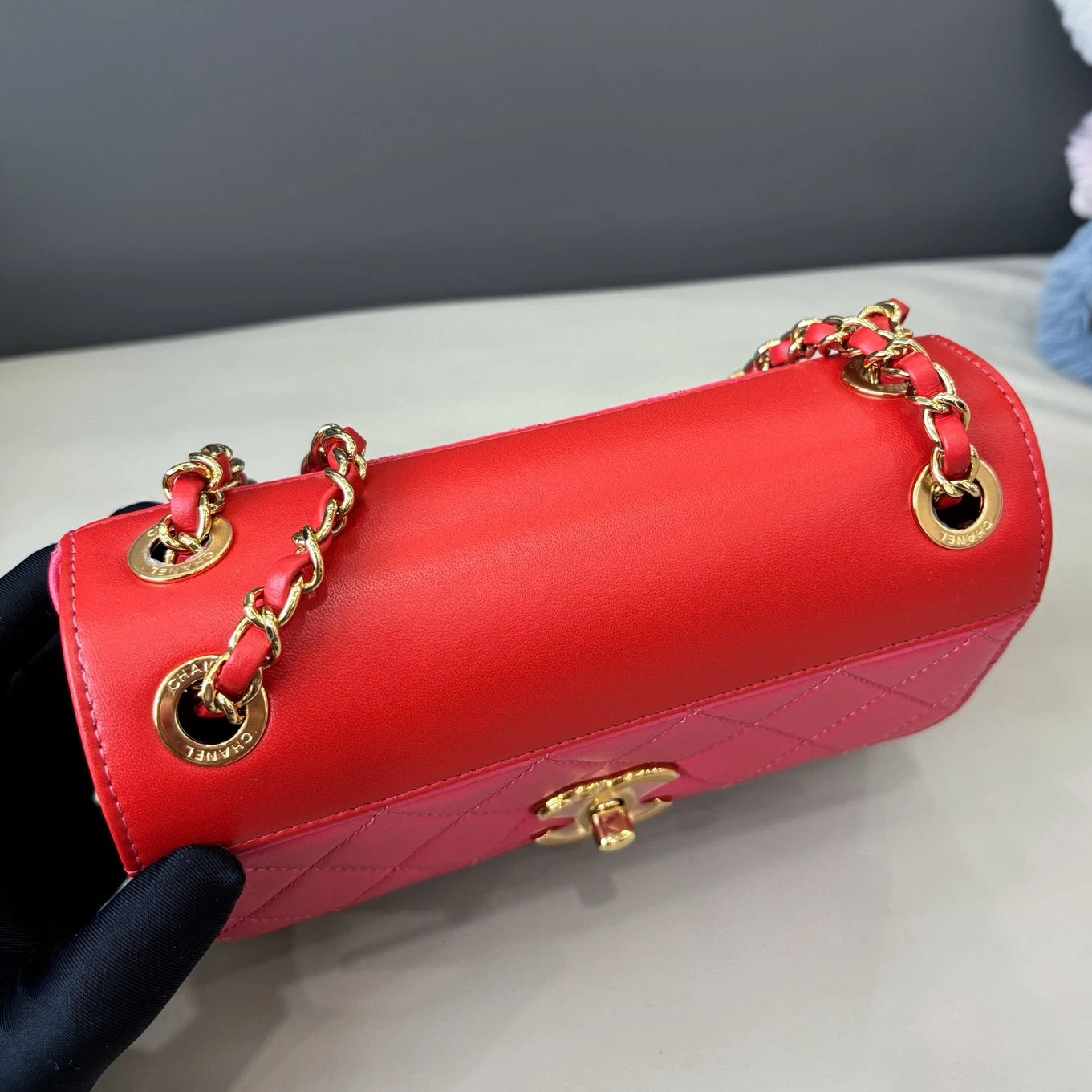 Chanel Diamond Chain Shoulder Crossbody Red Pink Gold Women Classic