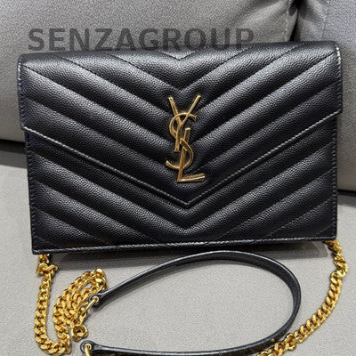 Saint Laurent Envelope Chain Shoulder Bag Black Gold Women's Classic Fashion