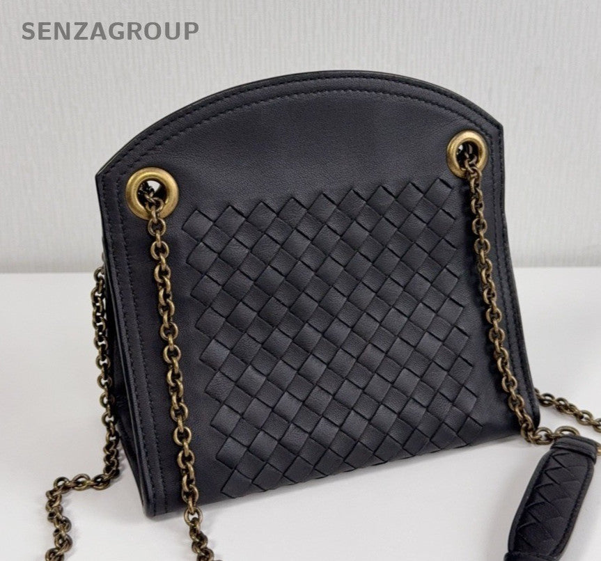 Bottega Veneta Woven Chain Shoulder Bag Crossbody Black Gold Women Classic