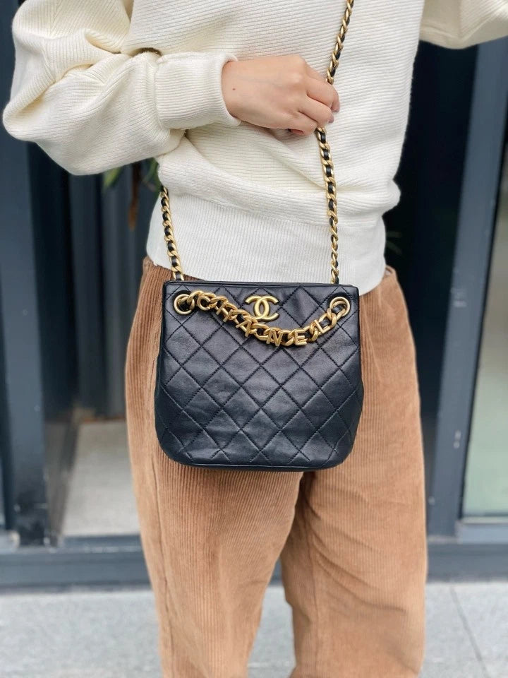 CHANEL Black Gold Lambskin Hobo Bucket Bag For Women