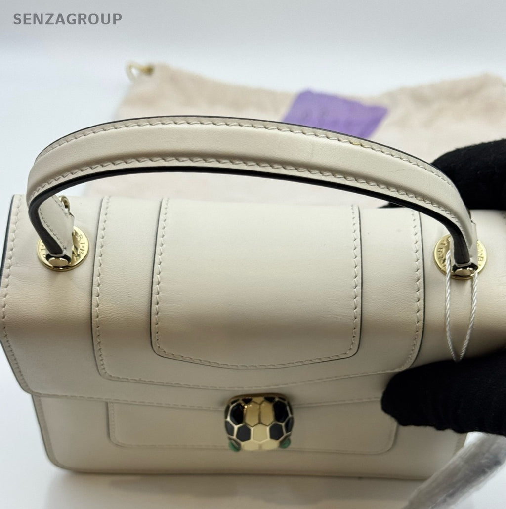 Bvlgari Serpenti 2Way Top Handle Bag Chain Crossbody White Gold Women Classic