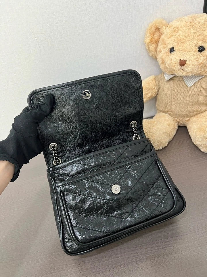 YSL Small Black Silver Niki Crossbody Shoulder Bag For Women