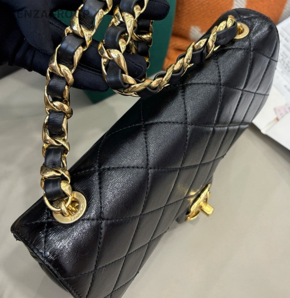 Chanel Classic Flap Chain Black Gold Shoulder Bag Diamond Fashion Used Women