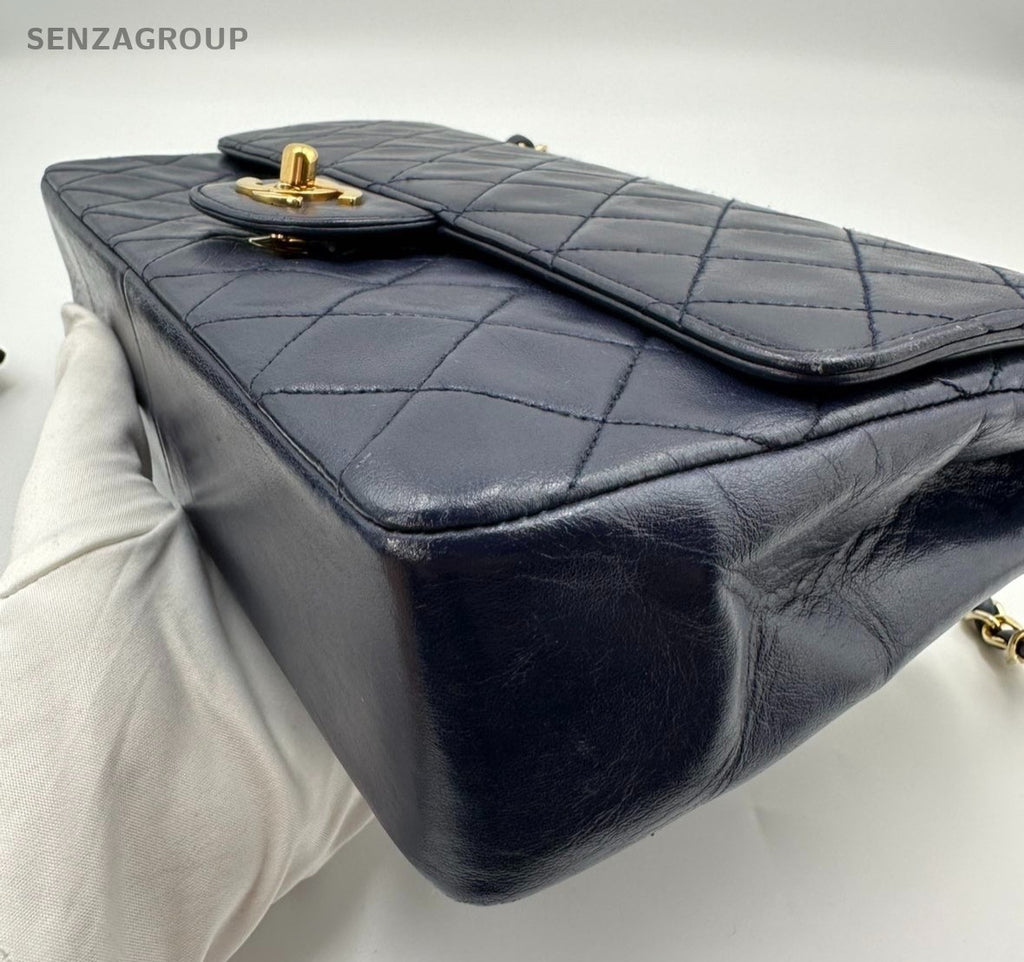 Chanel Classic Flap Lambskin MM Chain Shoulder Crossbody Blue Gold Women Vintage