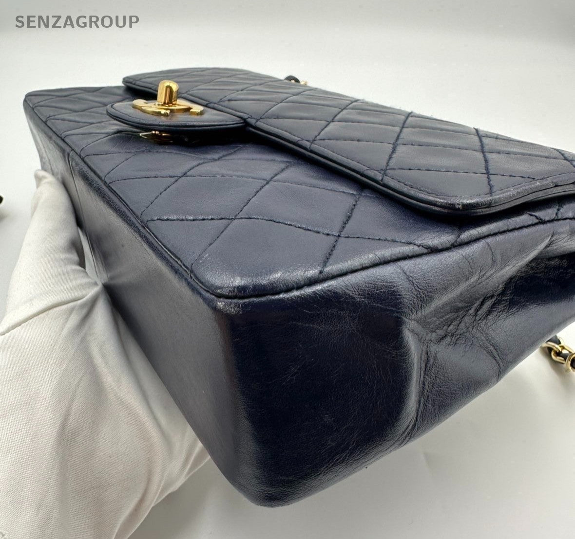 Chanel Classic Flap Lambskin MM Chain Shoulder Crossbody Blue Gold Women Vintage