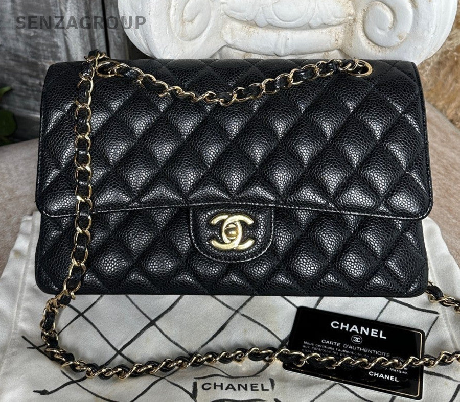 Chanel Classic Flap MM Calfskin Shoulder Bag Crossbody Black Gold Women Fashion