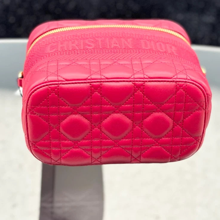 Christian Dior Travel Bag Calfskin Vanity Case Top Handle Bag Red Gold Women S
