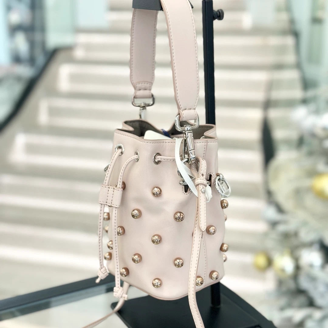Fendi Calfskin PM Bucket Top Handle Shoulder Bag Pink Gold Pearls Women S