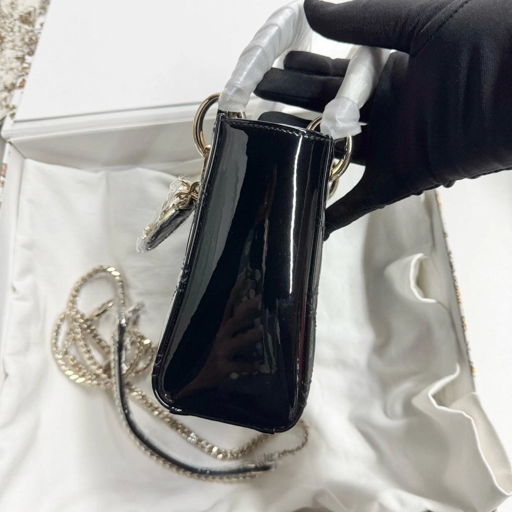 New Dior 3-grid Lady Dior Patent Leather Black Gold Handbag For Women