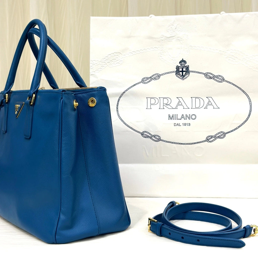 Prada Blue Medium Leather Top Handle Handbag For Women
