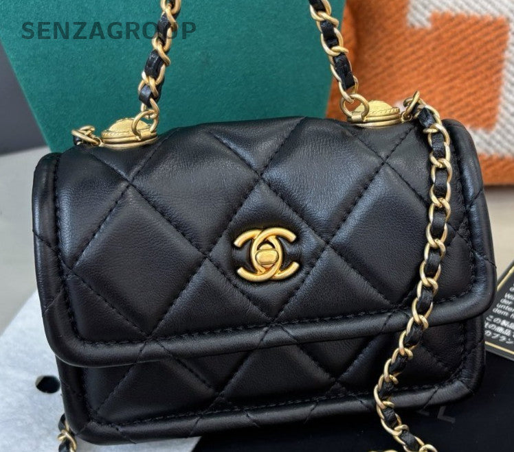Chanel Diamond Mini Chain Shoulder Bag Crossbody Black Gold Women Classic