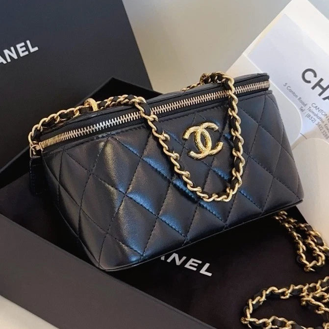Chanel Vanity Case Chain Diamond Black Gold Shoulder Bag Crossbody Women