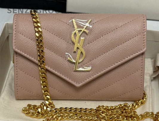 Saint Laurent Calfskin Chain Shoulder Bag Crossbody Pink Gold Used Women Classic
