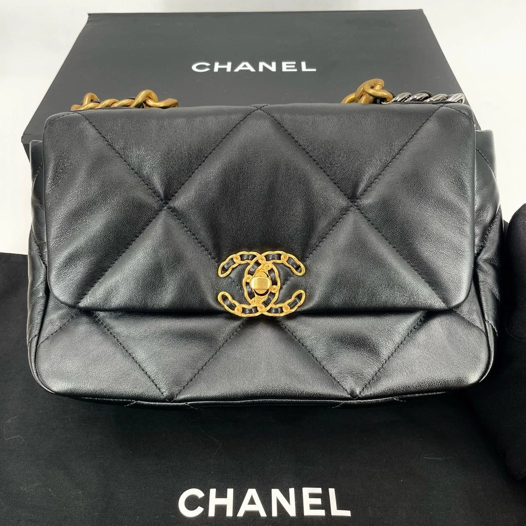 CHANEL 19 Small Black Gold Lambskin Shoulder Crossbody Bag For Women