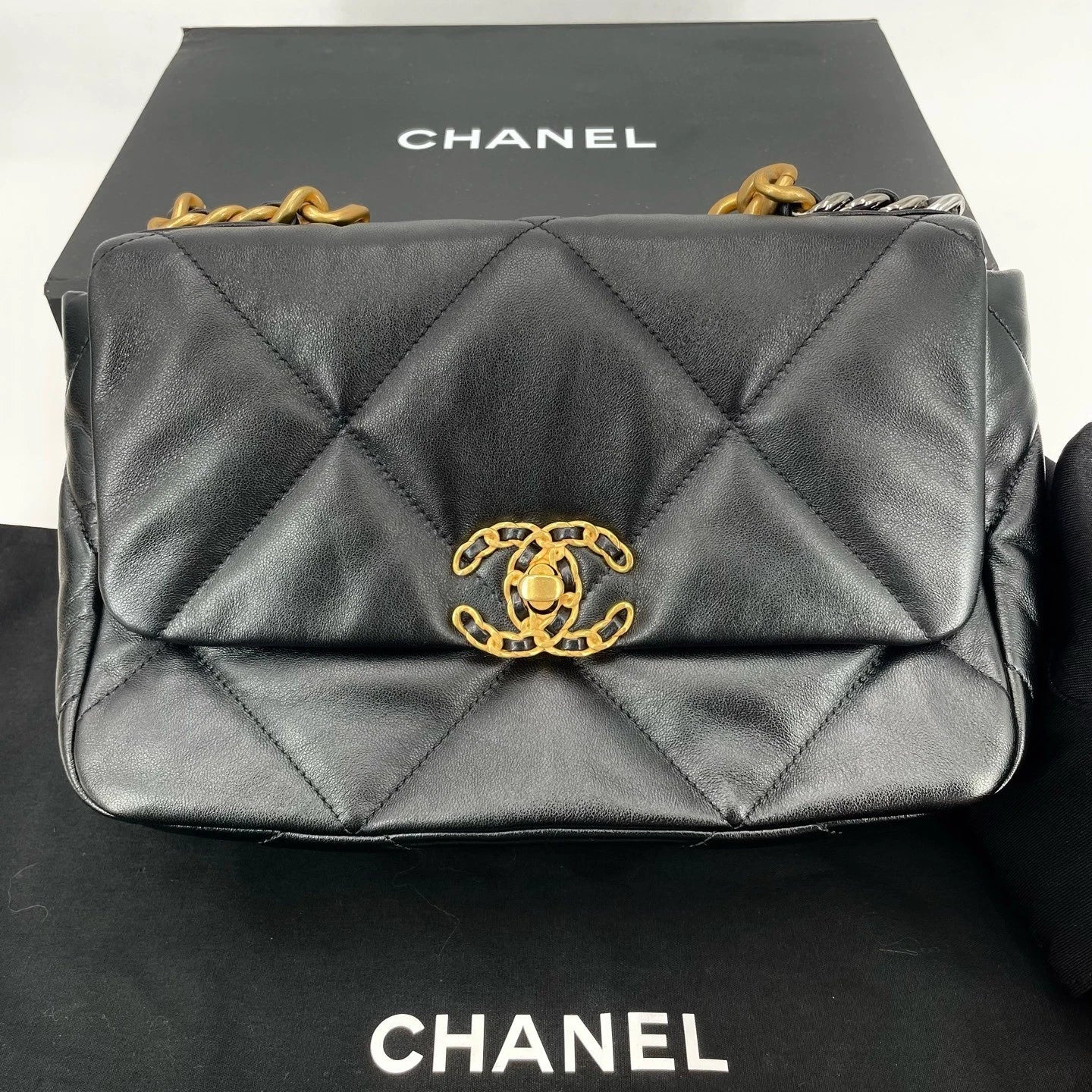 CHANEL 19 Small Black Gold Lambskin Shoulder Crossbody Bag For Women
