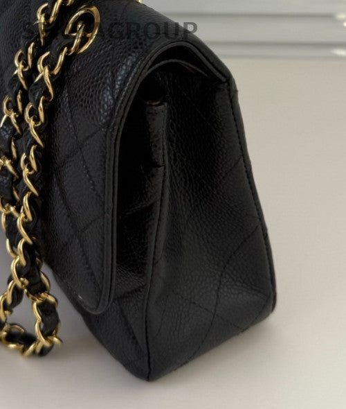 Chanel Classic Flap MM Chain Shoulder Bag Black Red Gold Used Women CC Logo