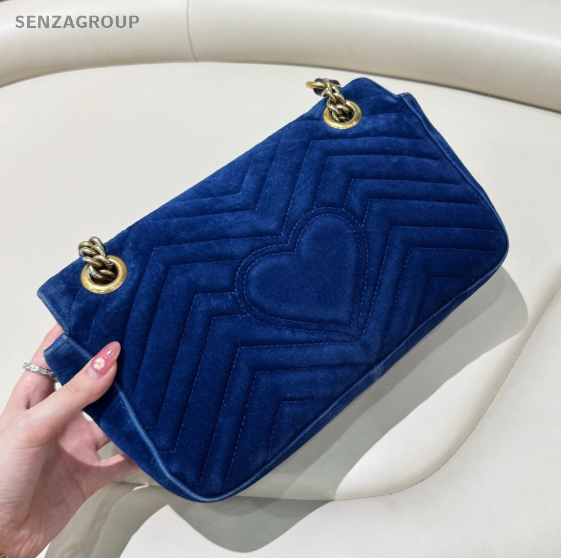 GUCCI GG Marmont 26 velvet Chain Shoulder bag Crossbody Blue Gold Women Classic