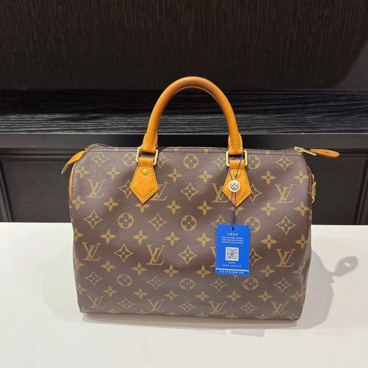 Louis Vuitton Speedy30 Monogram Canvas Top Handle Bag Brown Gold Women Classic