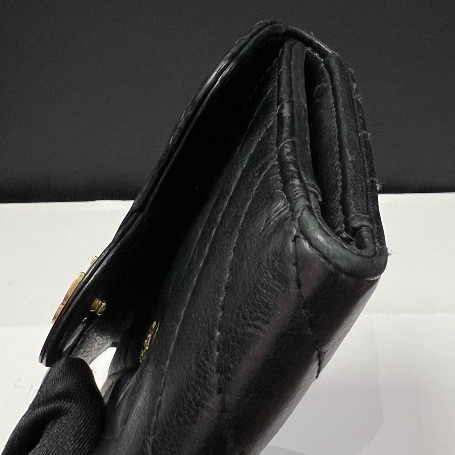 Chanel Black Gold V-Stitch Clutch Wallet Classic Women's