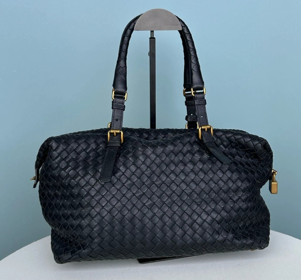 Bottega Veneta Calfskin Boston Bag Shoulder Bag Black Gold Women Classic