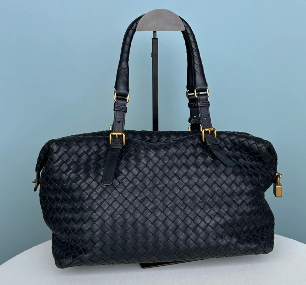 Bottega Veneta Calfskin Boston Bag Shoulder Bag Black Gold Women Classic