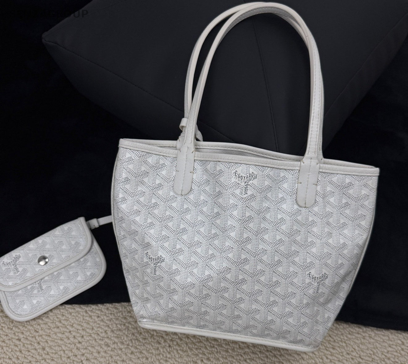 Goyard ANJOU Mini Tote Canvas Monogram Top Handle Shoulder Bag With Pouch White.