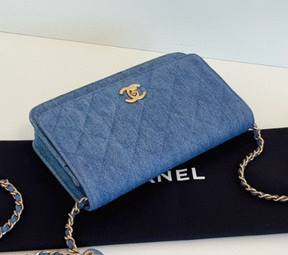 Chanel WOC Denim Chain Shoulder Bag Crossbody Blue Gold Women Classic Fashion
