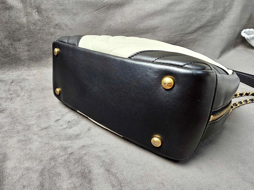 CHANEL Black White V Pattern Gold Button Camera Shoulder Bag Women