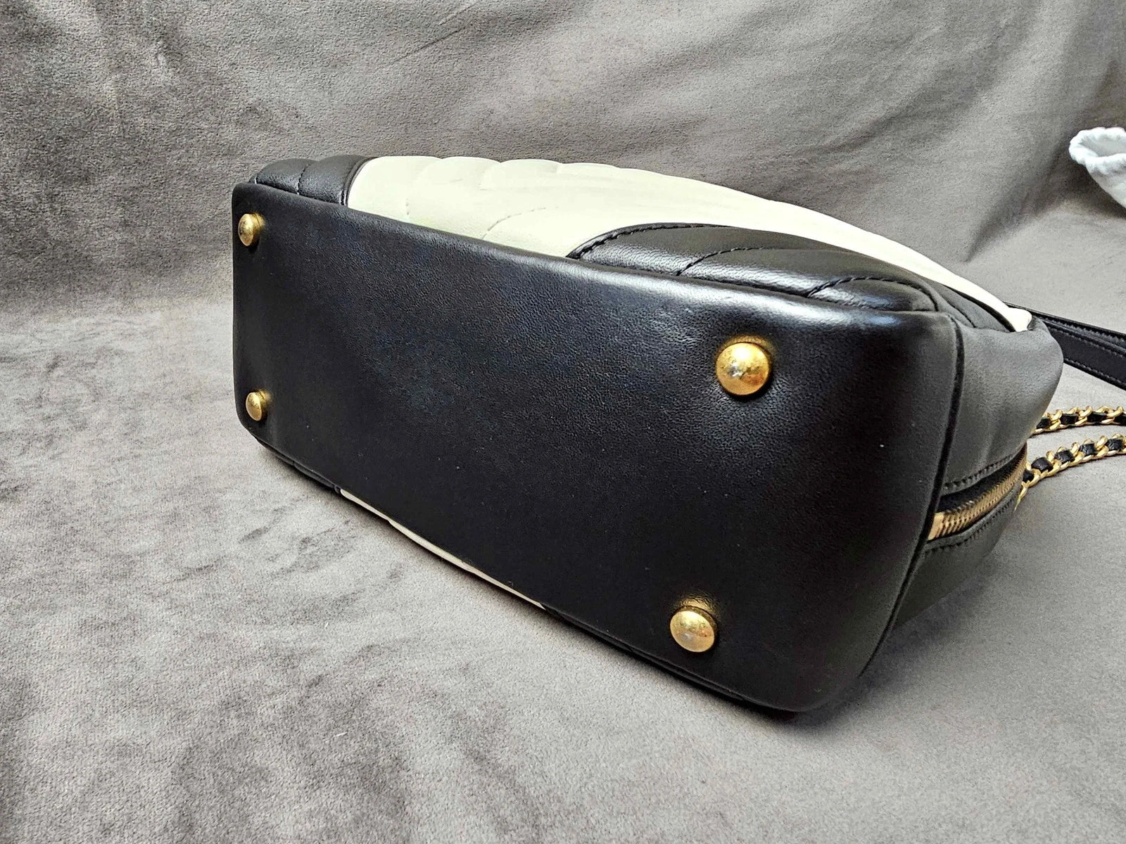 CHANEL Black White V Pattern Gold Button Camera Shoulder Bag Women