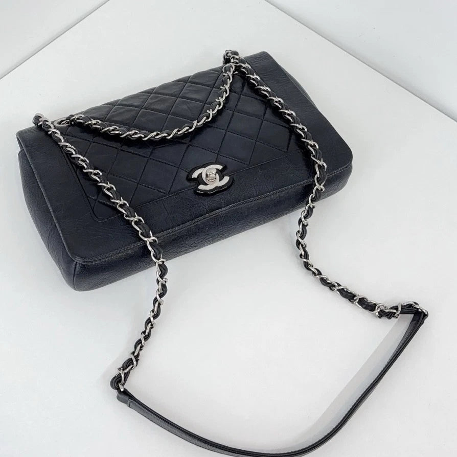 Chanel Water Shine Calfskin Black Silver Crossbody Bag Women Classic