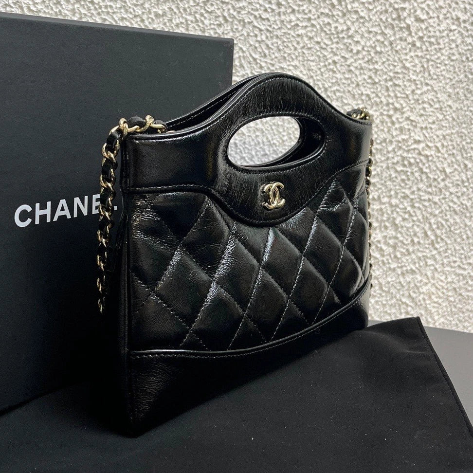 Chanel 31Bag Nano Chain Top Handle Crossbody Black Gold Diamond Women Classic