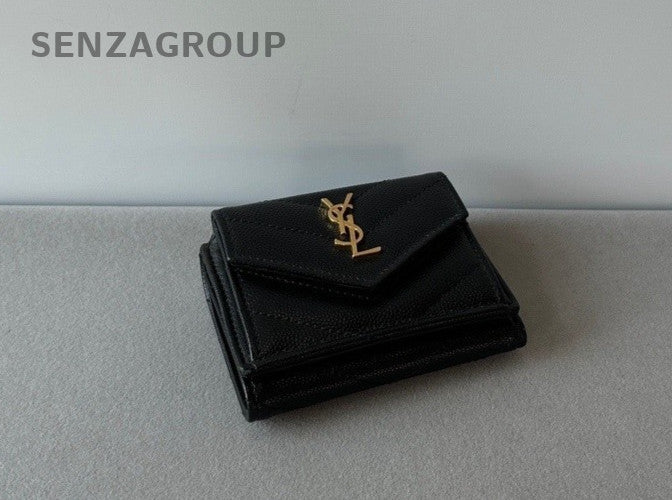 YSL Saint Laurent Caviar Leather Tri-fold Envelope Wallet Clutch Women Black