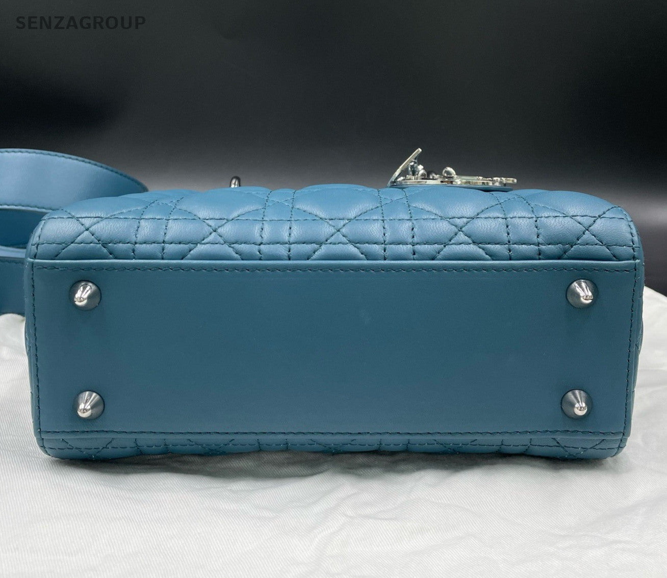 Christian Dior Lady Dior 2Way Top Handle Bag Crossbody Blue Silver Women Classic