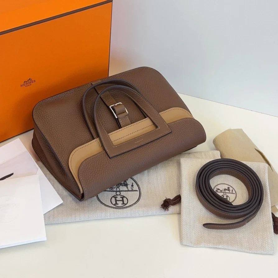Hermes Halzan25 Shoulder Bag Crossbody Brown Silver Women Classic