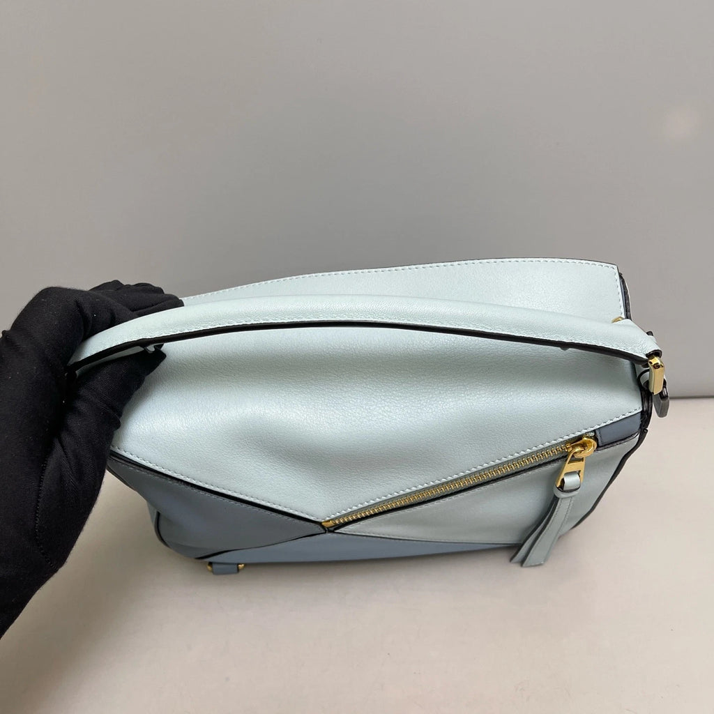 Authentic Loewe Puzzle Calfskin Shoulder Crossbody Bag Blue Gold Hardware