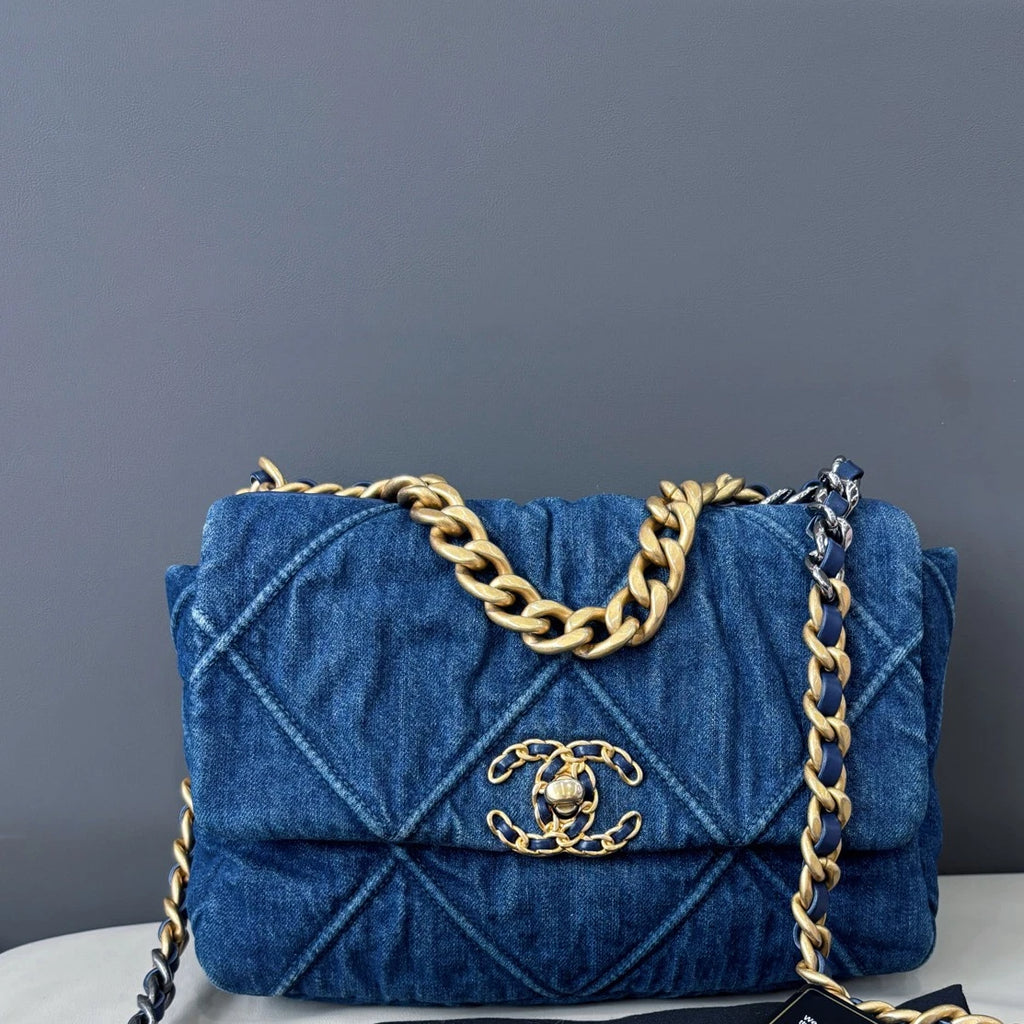 Chanel 19 Small Denim Flap Crossbody Bag Everyday Shoulder Bag Deep Blue Gold