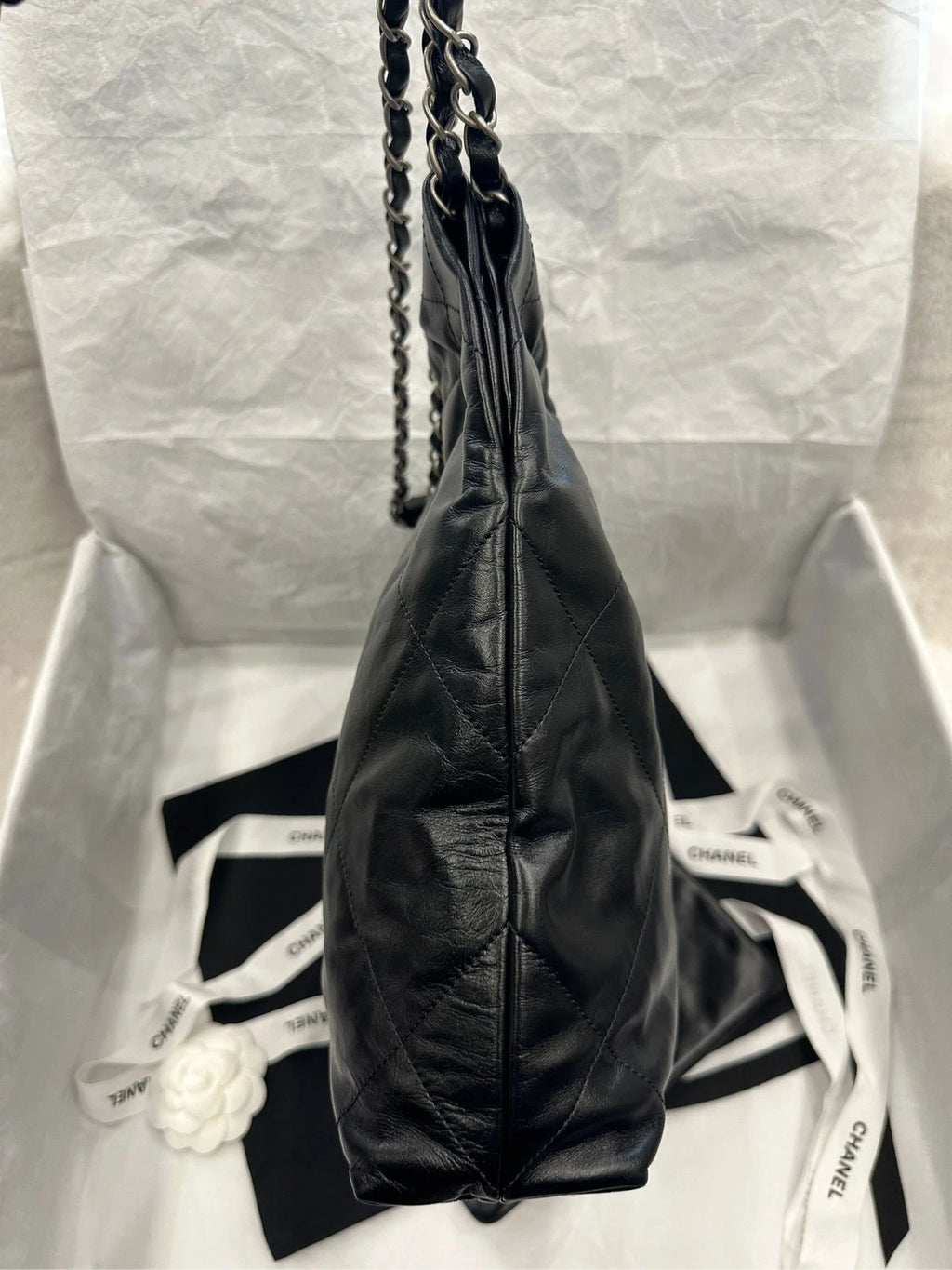Authentic CHANEL 22Bag Small Black Silver Chain Tote Bag For Women