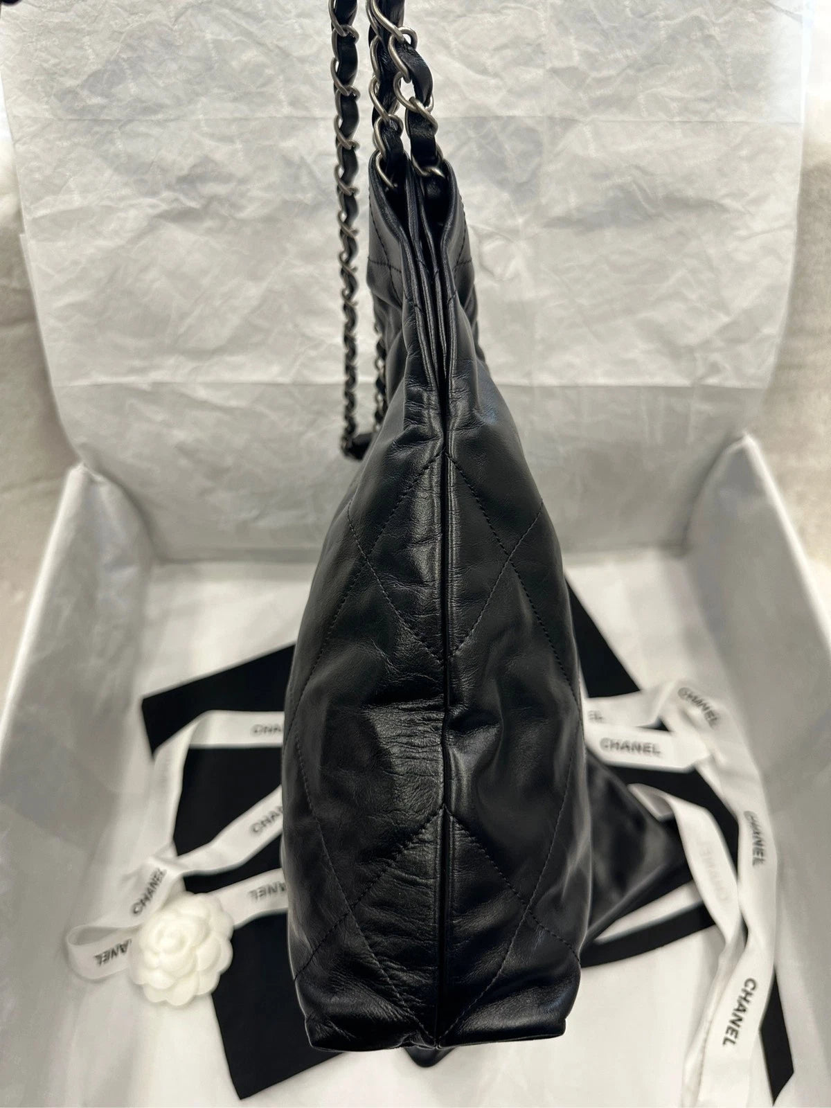Authentic CHANEL 22Bag Small Black Silver Chain Tote Bag For Women