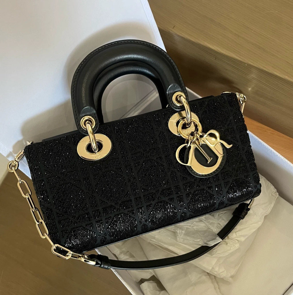 Dior Lady Dior Black Shoulder Bag Top Handle Excellent