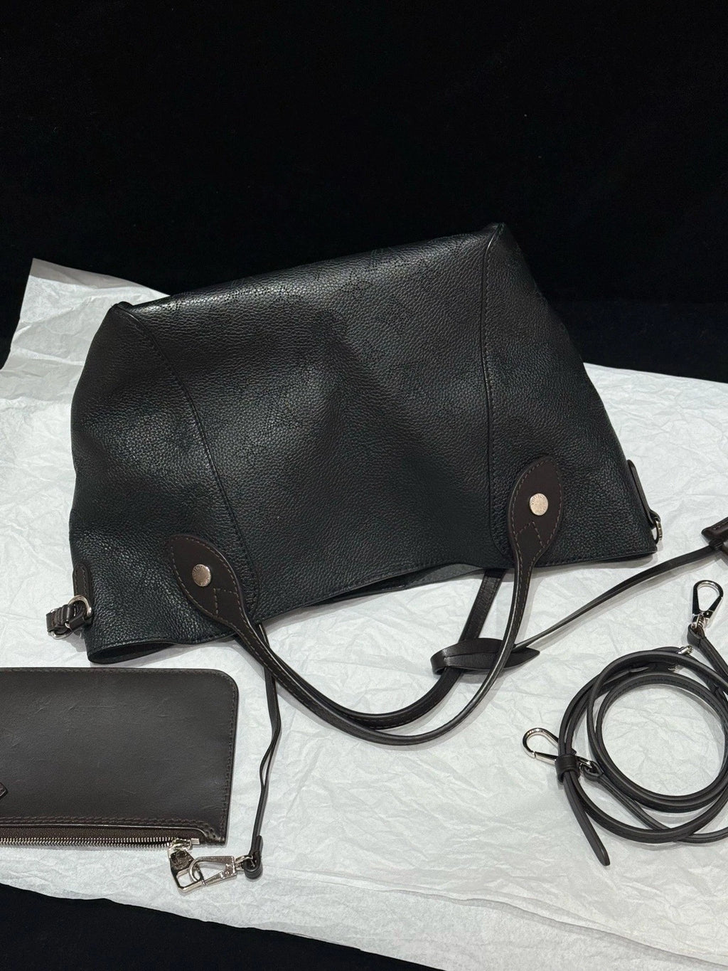 Louis Vuitton Hina Calfskin Top Handle Crossbody Black Silver Women Classic