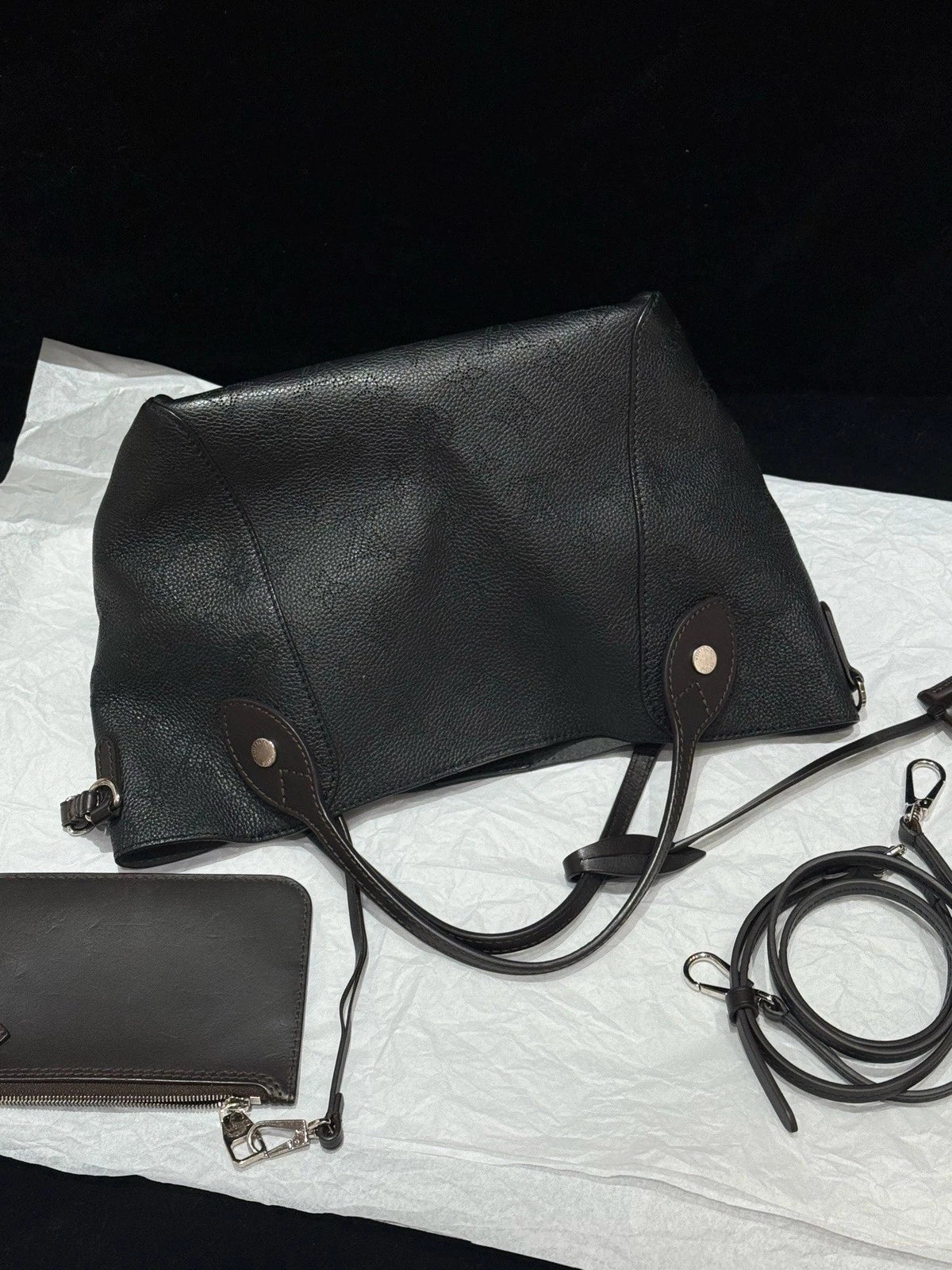 Louis Vuitton Hina Calfskin Top Handle Crossbody Black Silver Women Classic