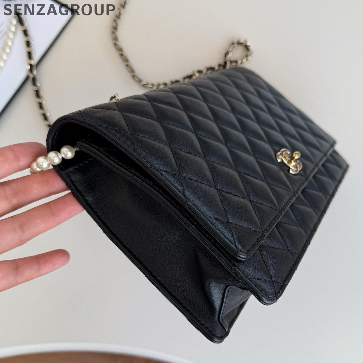 Chanel WOC Diamond Pearl Chain Shoulder Crossbody Black Gold Women Classic