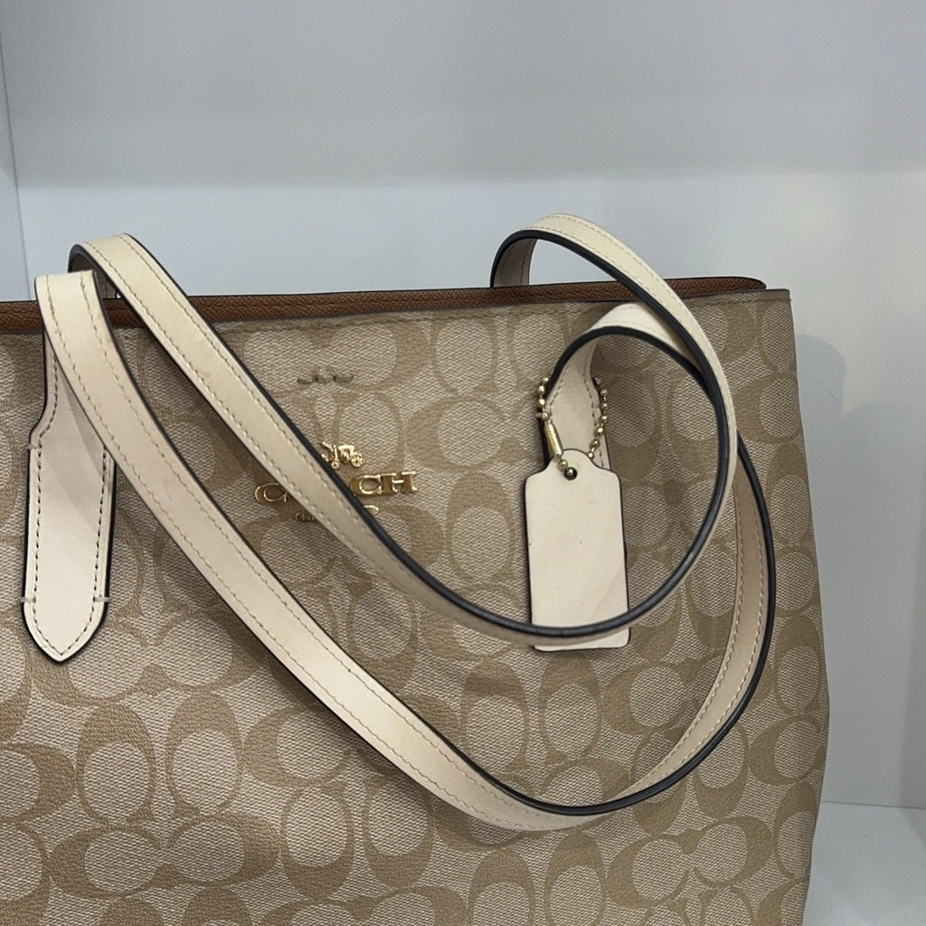 Coach Beige Canvas Monogram Tote Handbag For Women Missing Strap