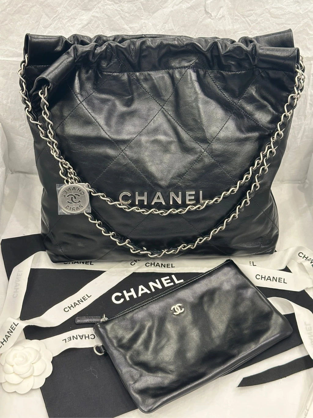 Authentic CHANEL 22Bag Small Black Silver Chain Tote Bag For Women