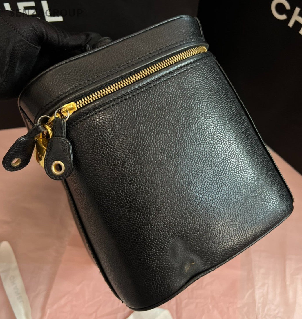 Chanel Vintage GM Calfskin Top Handle Bag Black Gold Used Women Classic