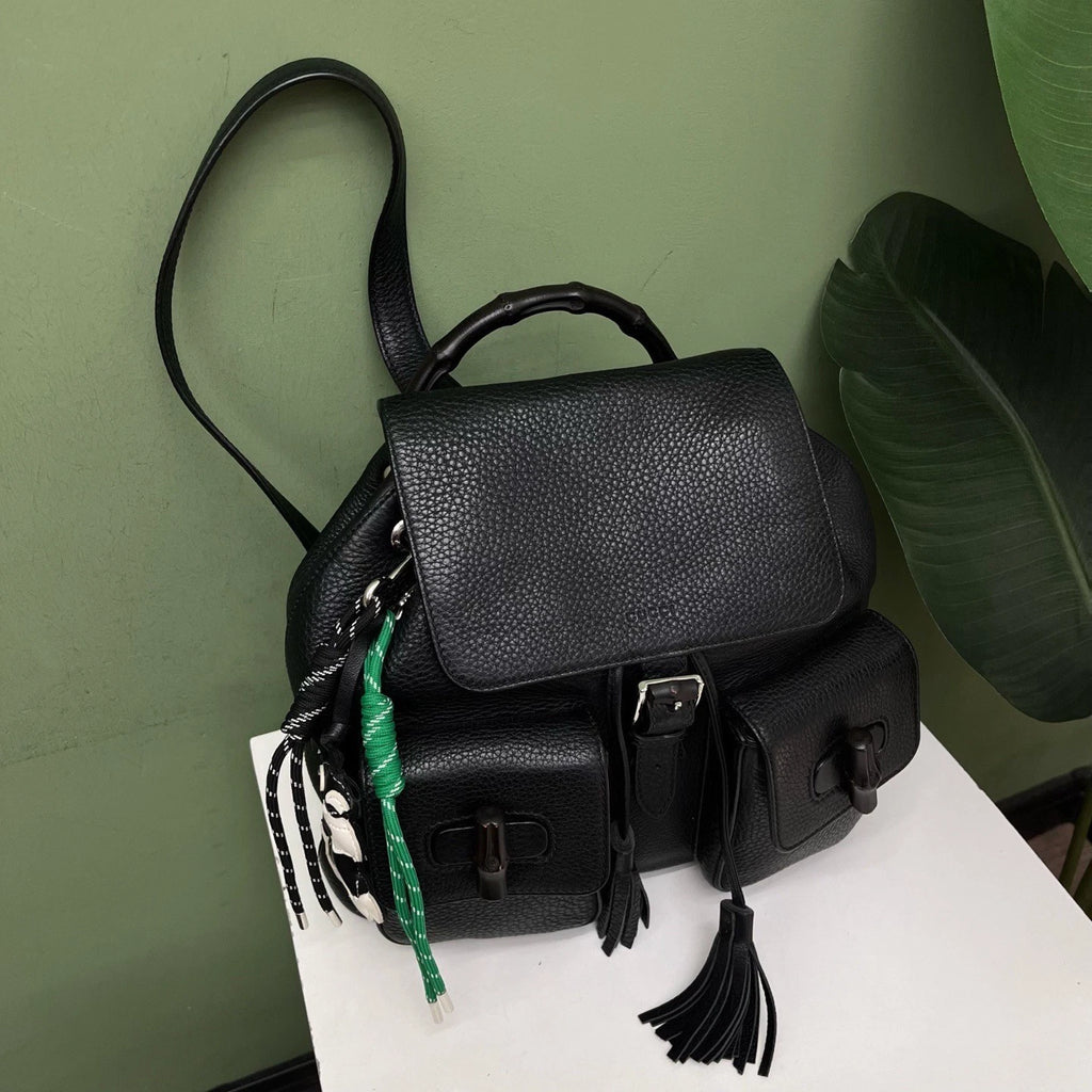 Gucci Tassel Bamboo Black Backpack Silver Hardware Women Fashion