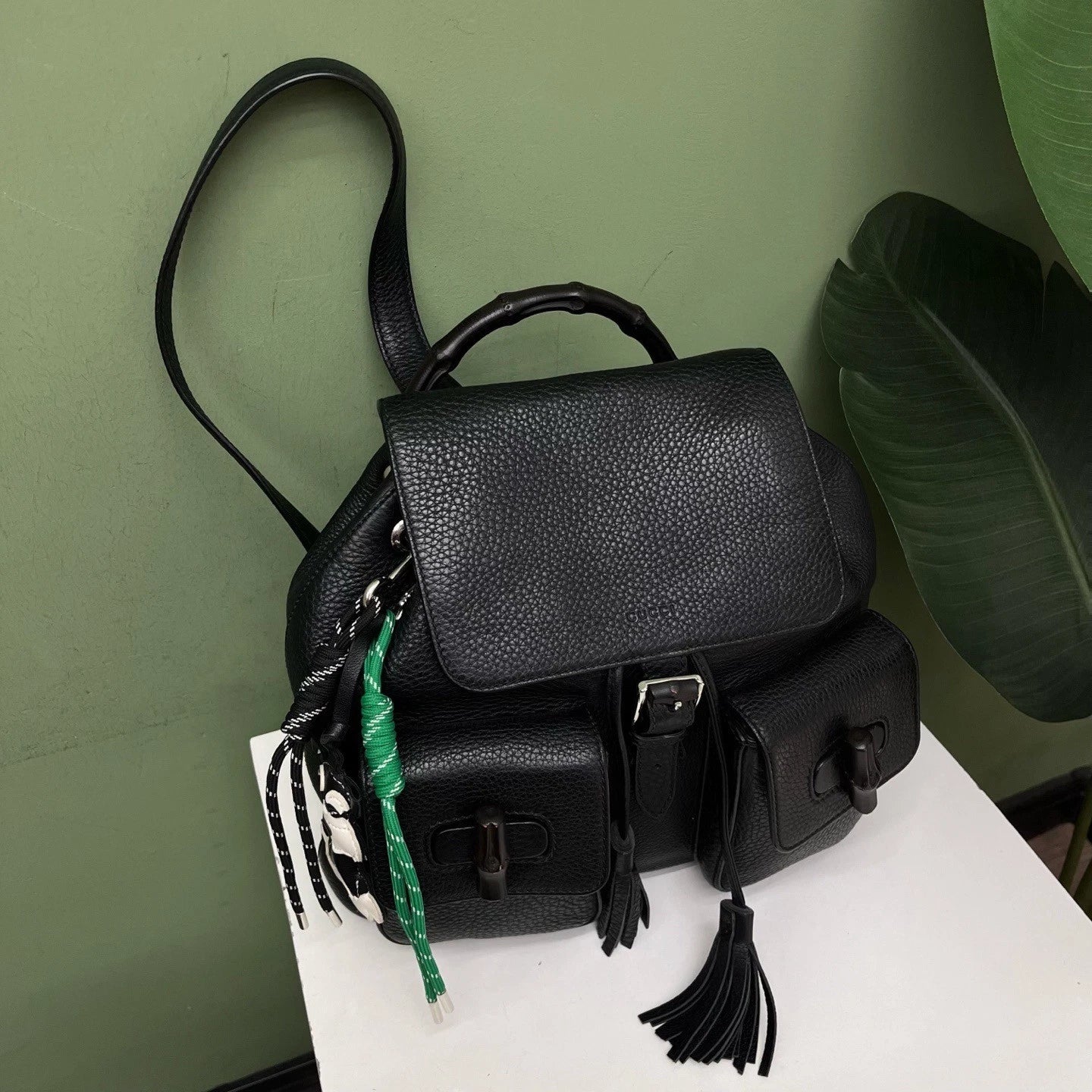 Gucci Tassel Bamboo Black Backpack Silver Hardware Women Fashion