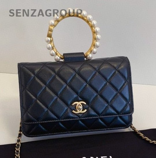 Chanel 21S WOC Lambskin Peal Top Handle Bag Chain Shoulder Bag Black Gold Women