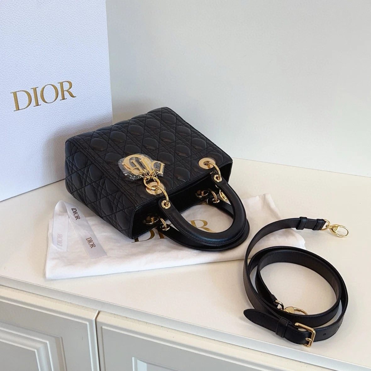Dior Lady Dior Lambskin Crossbody Top Handle Excellent