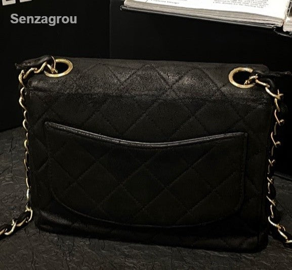 Chanel Classic Flap Suede Chain Shoulder Bag Crossbody Black Gold Women Vintage